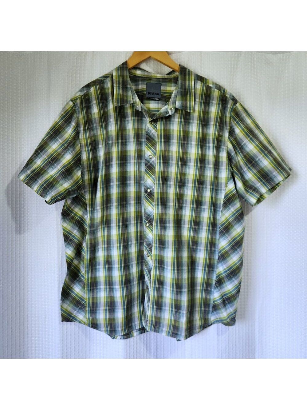 Prana Shirt Pearl Snap Men's XL Short Sleeve Shirt Green Plaid Organic Cotton
